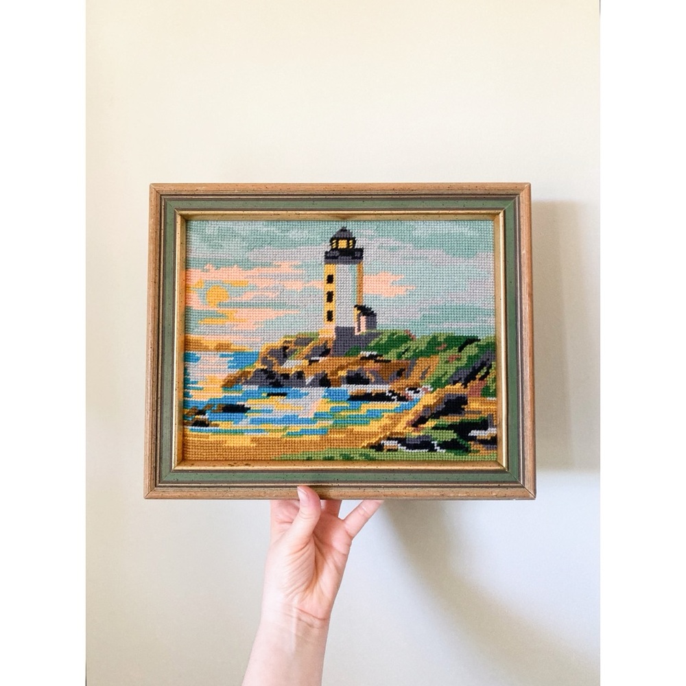 Vintage Framed Lighthouse Needlepoint 1976 Coastal Beach Cottage Wall Decor - Picture 6 of 11